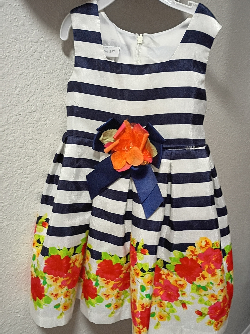 Bonnie Jean Navy & White Striped Floral Bow Dress Size 3T